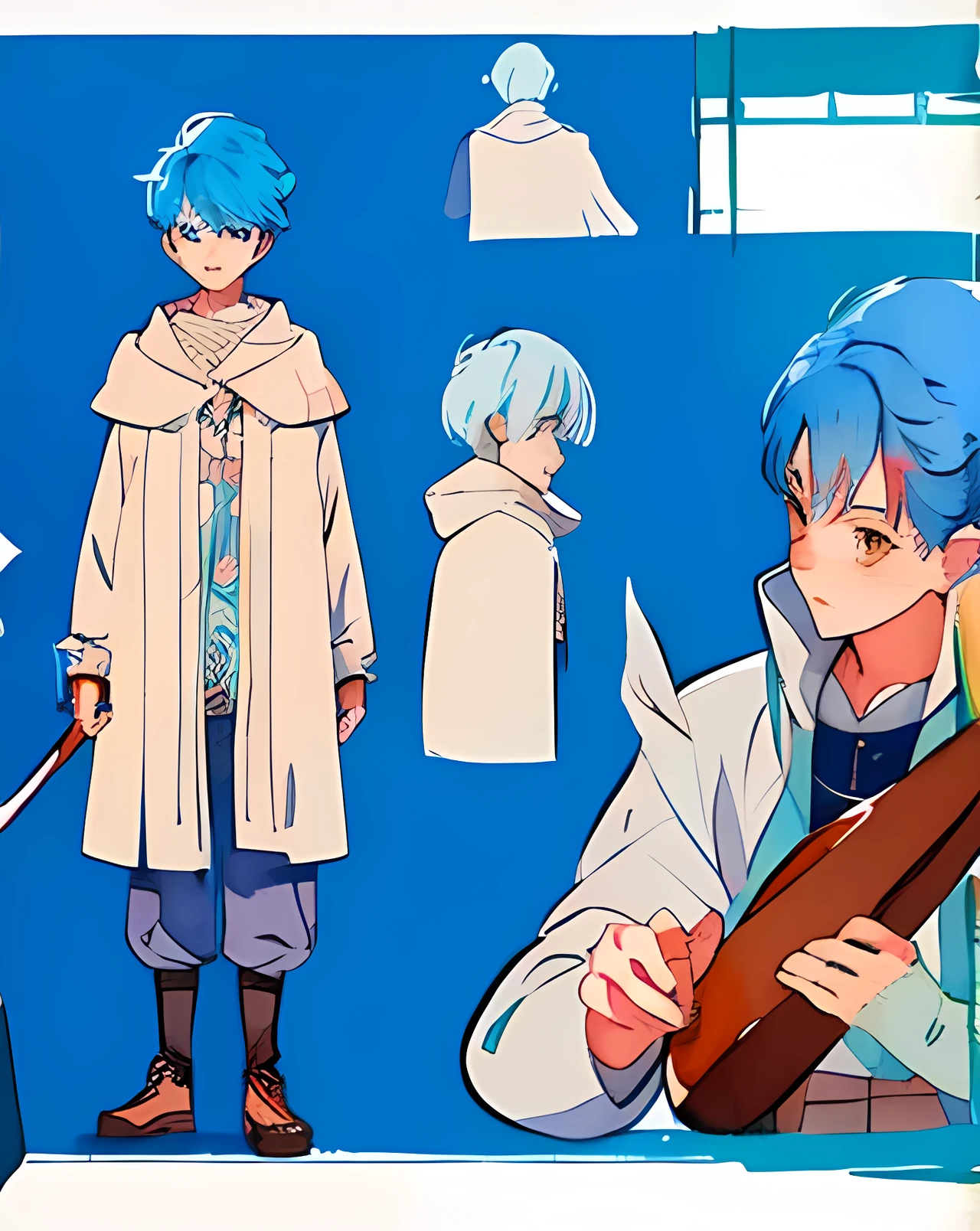 watercolor sketch, concert art sheet, boy blue hair , character design list