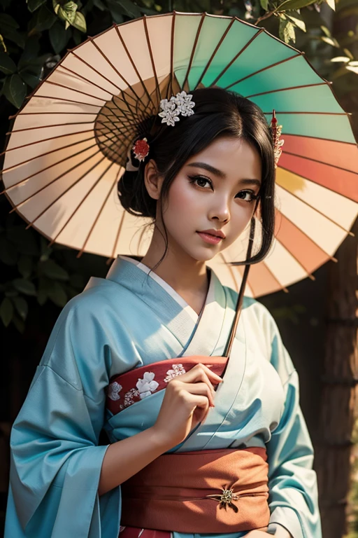 anime Dark-skinned geisha with green eyes and an umbrella, fan
