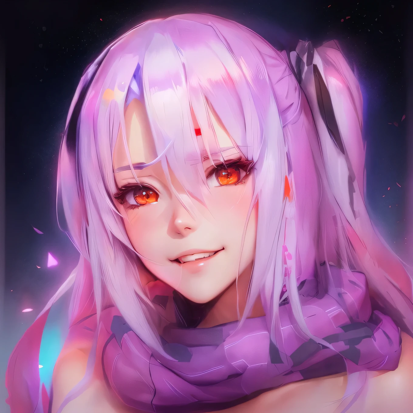 anime girl with long hair and a scarf around her neck, [[[[Grinning maldosamente]]]], gapmoe yandere, Grinning lascivamente, yandere, Shiro from Dead Man&#39;s Wonderland, slightly-smile, Grinning, but he has a temper, Grinning levemente, friedly smile, (blinking), uncanny smile, kind smile, tears falling, sobbing