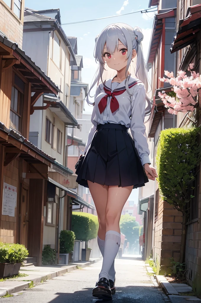 Create a detailed and vibrant anime-style background for the elite academy building of 'Shinsei Gakuen Seishun-tai' (Shinsei Gakuen Youth Squad). The scene should depict a modern yet elegant school building with traditional Japanese architectural elements. The building should be surrounded by cherry blossom trees in full bloom, with petals gently falling around. The sky is clear and blue, with a few fluffy clouds. In the foreground, there are well-maintained gardens and a cobblestone path leading to the entrance. The overall atmosphere should be welcoming and inspiring, reflecting the youthful and energetic spirit of the students.
In front of the grand academy gate, feature a character with a light smile. The character has silver-white hair styled in very long, flowing locks with water-like inner hair texture and little double buns. Their beautiful, detailed red eyes and floating ribbon add to their charm. They are dressed in a school outfit that complements the academy's prestigious reputation.