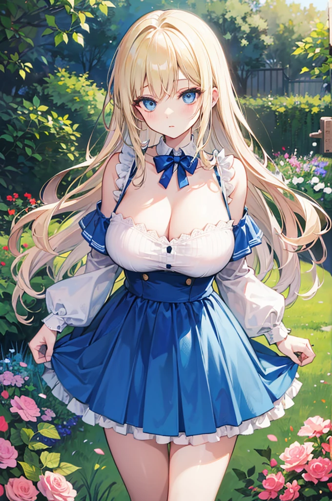 A woman with big ，Alice，Light blond long hair，Blue Eyes，Blue Skirt，energetic and cute，In the Garden，Show the chest，