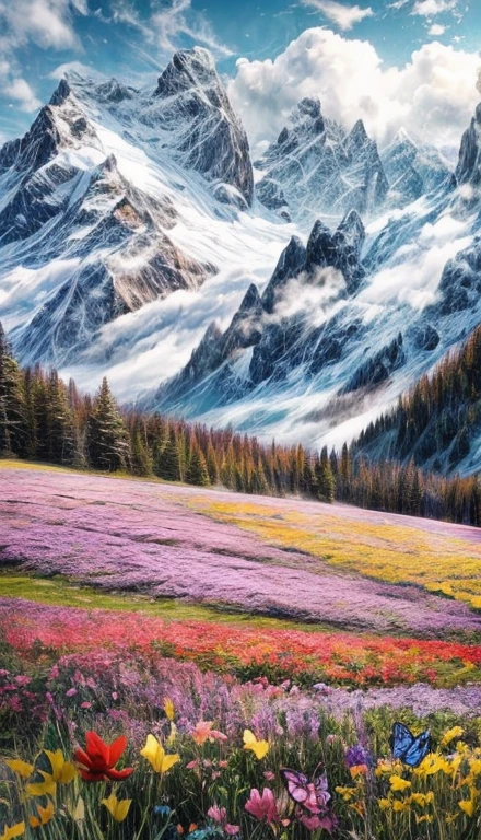 Flower field with butterflies and snowy mountains and a partly cloudy day, beautiful view, overview