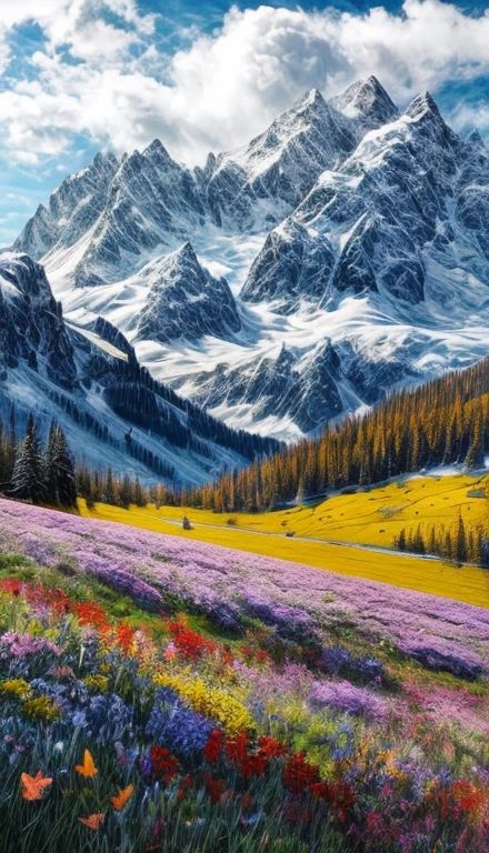 Flower field with butterflies and snowy mountains and a partly cloudy day, beautiful view, overview