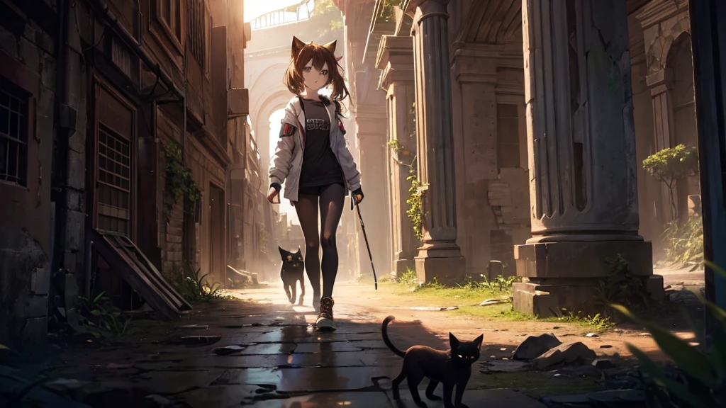 A girl who adventures in ancient underground ruins. Brown hair and short cat ears. Naked upper body in exploration clothes. A black cat is walking at her feet.