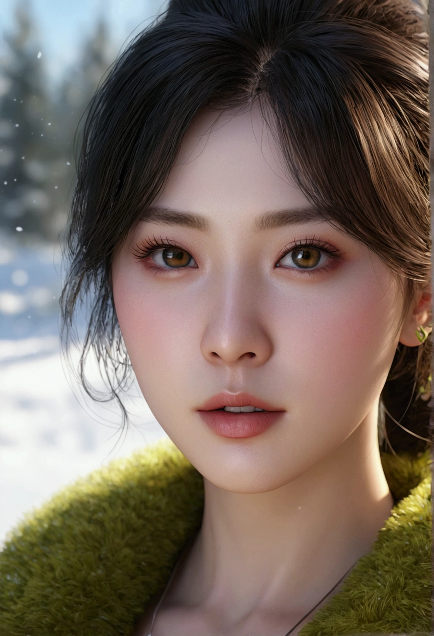 winter,Oyuki,Snow Scene,lime,Cleavage close-up,Light of the sun,Light fog,Dindal effect,Ultra-fine,masterpiece,8k,Depth of written boundary,Super detailed,Detailed depiction,Ultra-photorealism,Ultra-realistic