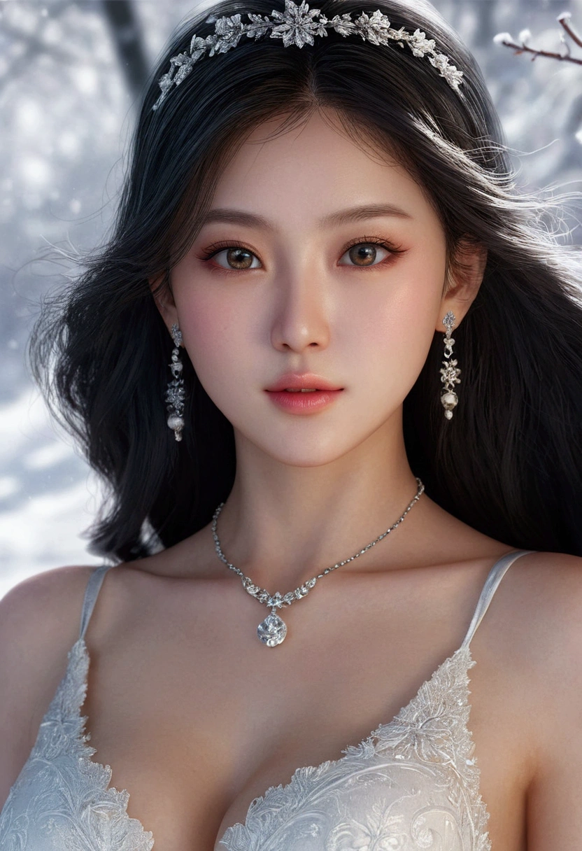 winter,Oyuki,Snow Scene,lime,Cleavage close-up,Light of the sun,Light fog,Dindal effect,Ultra-fine,masterpiece,8k,Depth of written boundary,Super detailed,Detailed depiction,Ultra-photorealism,Ultra-realistic