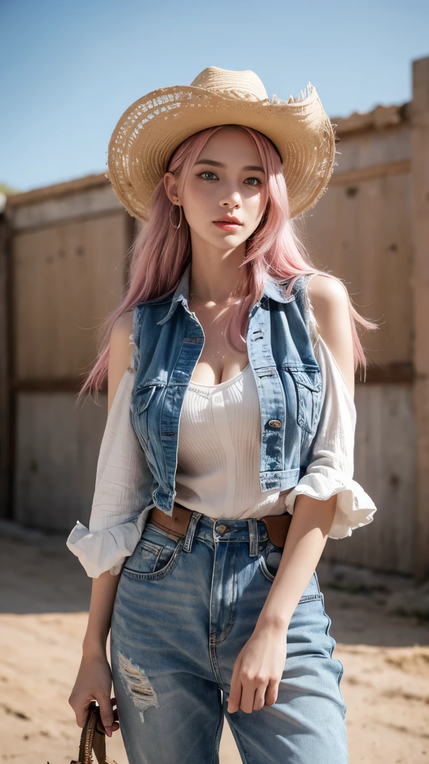 A striking, ultra-realistic photograph taken from a low angle, capturing a young woman, (natural big breast), cleavage, with pink hair, freckles, and blue eyes, dressed in authentic cowboy attire. Her outfit includes a stylish cowboy hat, a fringed vest, and boots, which stand out against the rugged western landscape or a rustic, weathered building in the background. The intricate details of her clothing and the texture of her skin are in sharp focus. The vibrant pink of her hair contrasts beautifully with the earthy tones of her outfit. Her intense gaze and the depth of her character are palpable, adding authenticity and drama to the scene. The photograph masterfully captures the essence of the western lifestyle and the spirit of the young woman, who is ready to face any challenge with her unique style and determination.