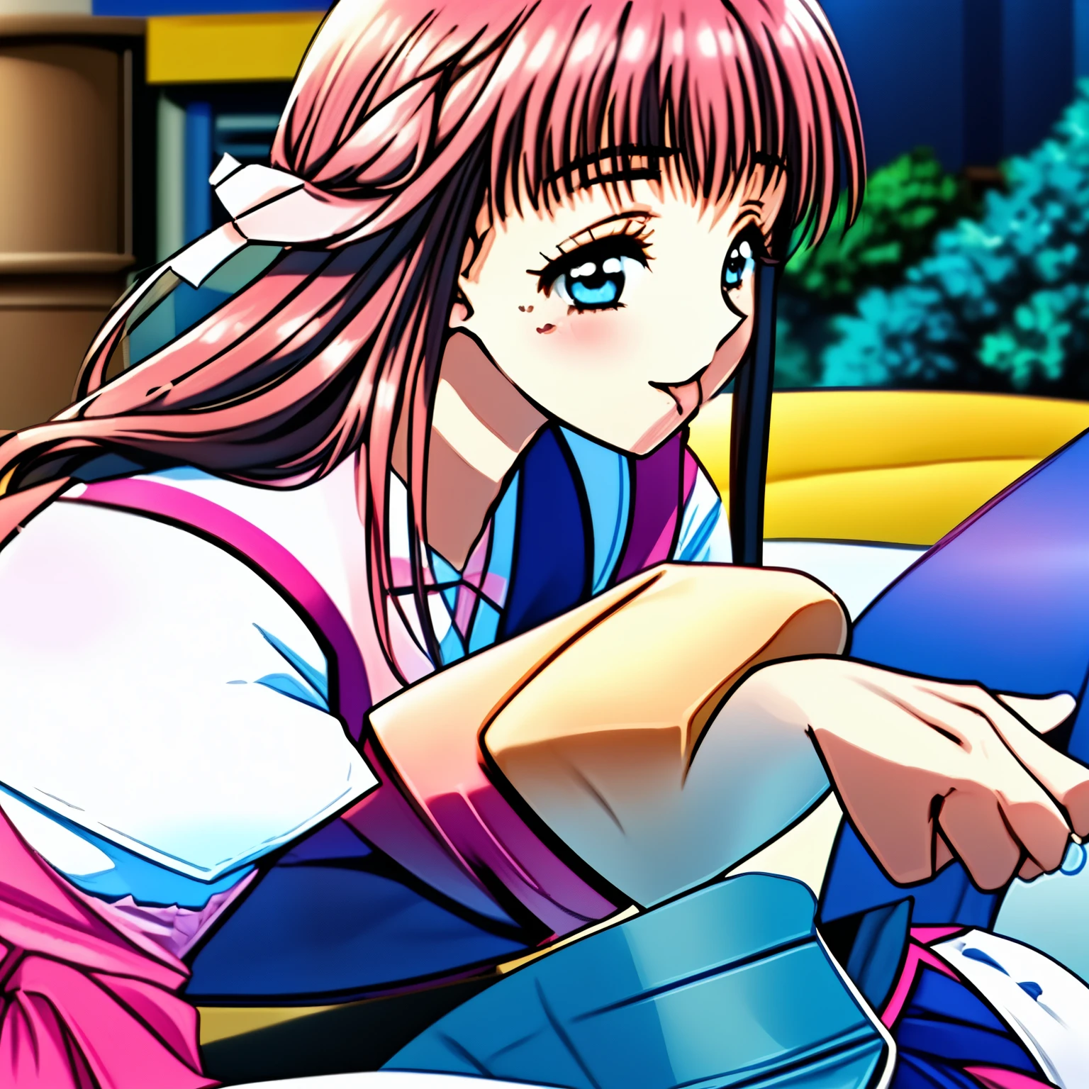 (highest quality, masterpiece:1.2), highest quality, High resolution, 1080P, 8k, (Very beautiful and delicately drawn high-resolution anime CG: 1.5), (Beautiful 15yo girl anime heroine, A very neat, very noble, pretty, pure girls are laying a pink bed: 1.4), (The pillows on the bed are candy.、The beauties are lying face down、Licking the pillow hungrily:1.4), (sharp thin lines: 1.2), Glossy lips, Evenly cut curled bangs, (beautiful blue eyes with detailed: 1.4), (Very beautiful and very super-long flowing pink long hair: 1.2), (Noble pink gorgeous school vest uniform, pink gorgeous pleated noble skirt, white neat blouse: 1.8), (Yellow cute school ribbon on her chest), (Yellow hair ribbon clip: 1.0), (Giggling: 1.0), (Mouth is laughing and wide open as a game heroine: 1.0), (A beautiful body like a model), (Walking with a brown leather school bag, turning around), (long cute eyelashes: 1.4), ((thin droopy eyebrows: 1.4)), (giggling and giving her extreme happiness with her mouth widely open!: 1.6), (licking with her very long tongue: 1.6), (laughing shy cheeks and lips, as if watching a comedy: 1.5), ((Very super long wavy hair is too much beautiful: 1.0)), (Tilting her head shyly: 1.2), (Too beautiful women to stop falling into her, 1.6), (She is in fact succubi and calling me with strong religious temptation, drops me into craziness: 1.2)