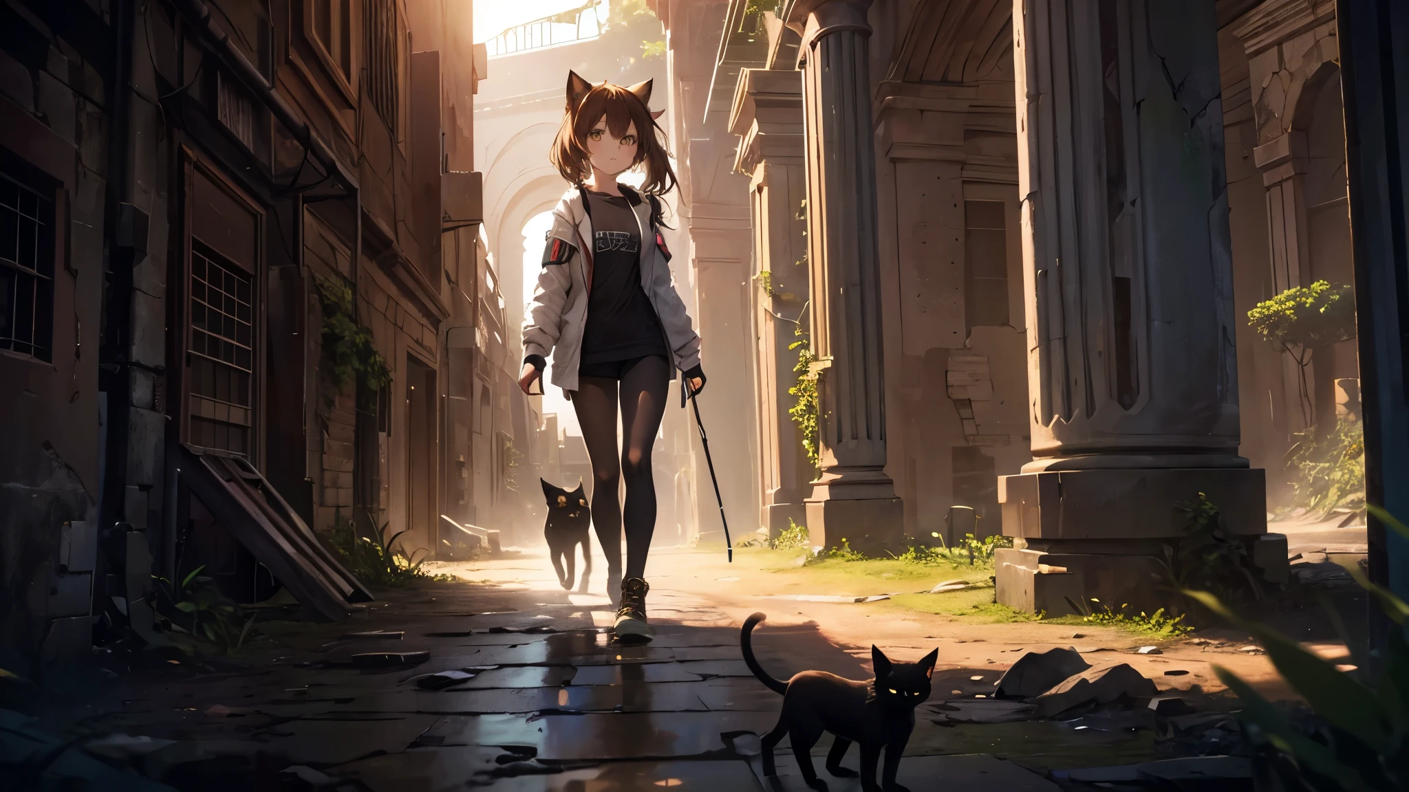 A girl who adventures in ancient underground ruins. Brown hair and short cat ears. Naked upper body in exploration clothes. A black cat is walking at her feet.
