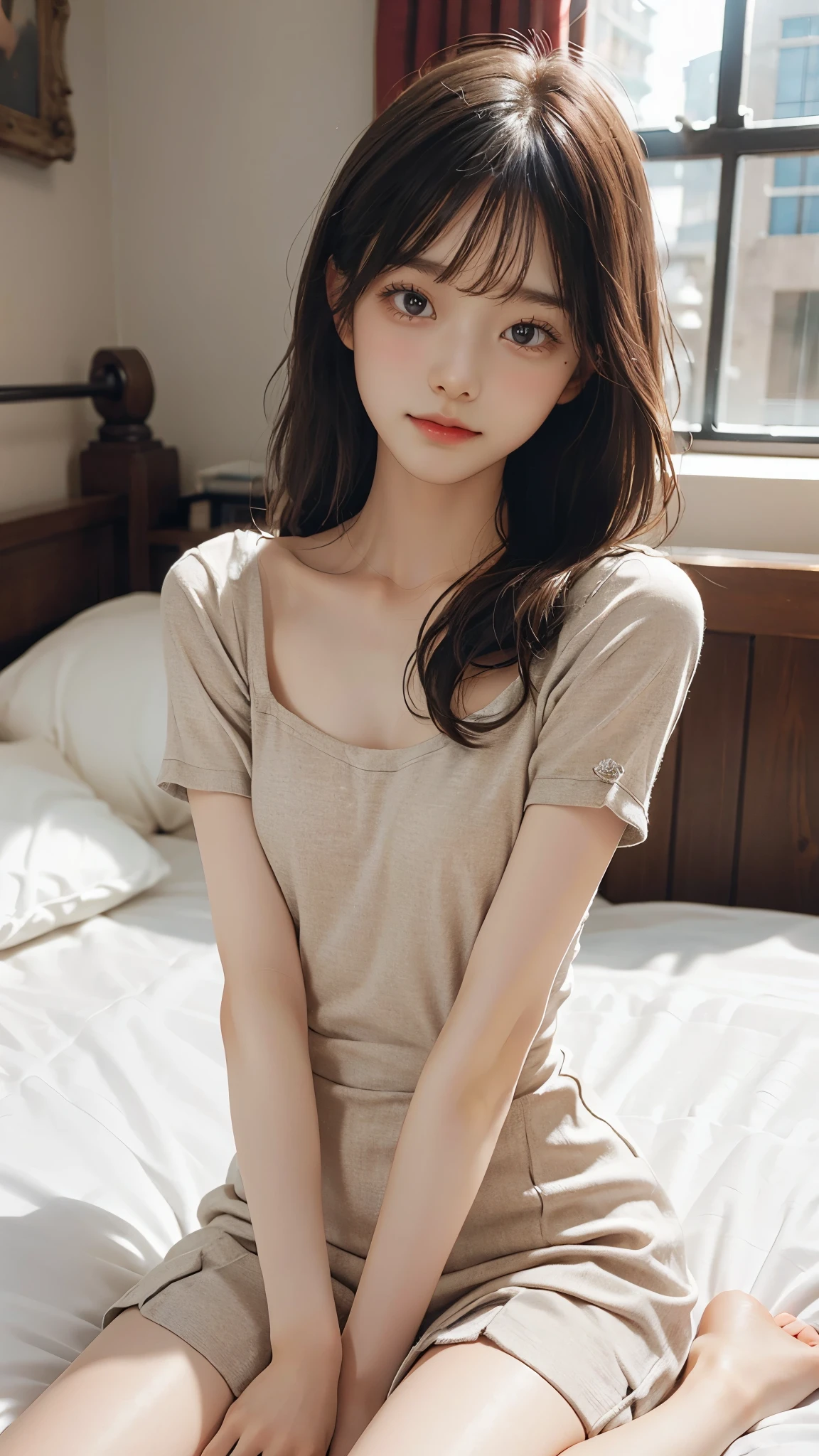 Best quality,Realistic,Masterpiece,detailed,high-resolution,Girl,flat chest,in my bed,loving me