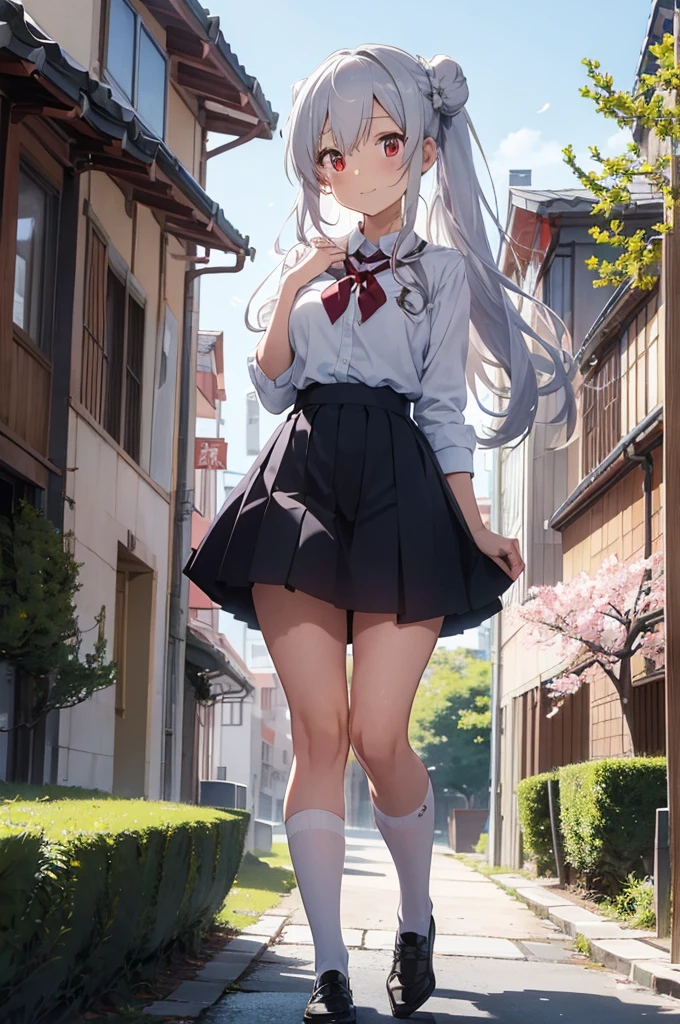 masterpiece, best quality,
1girl, view from below,
(the wind blows up the plaid skirt:1.5), summer , white panties, silver hair, surprised face, blush,
downtown area,