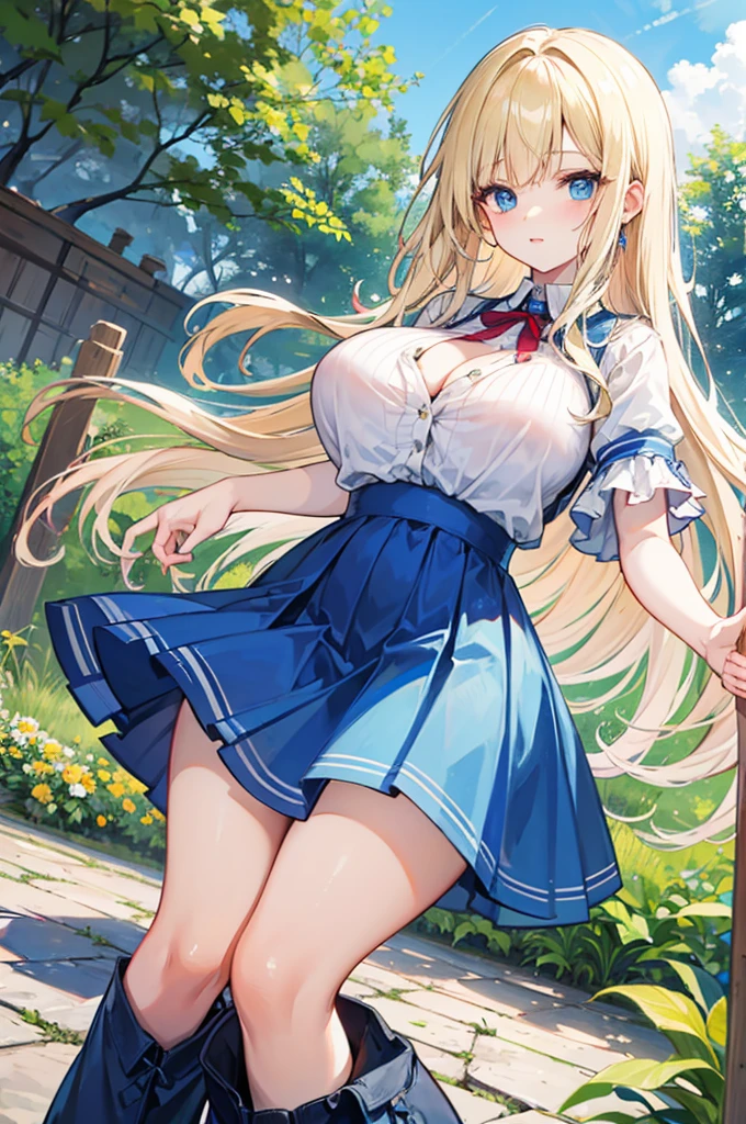 A woman with big ,Alice,Light blond long hair,Blue Eyes,Blue Skirt,energetic and cute,In the Garden,Show the chest,Show side breast,