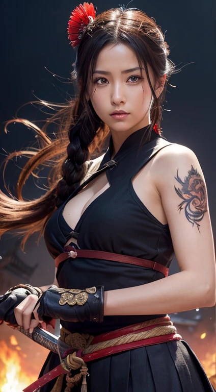 (Japanese sword &reference;Muramasa 2&reference;.0)Beautiful 27 year old woman、Tie your hair back、Hair ornament artist、Warrior、Clear Eyes、Arm tattoo、Warrior、(Japanese swordを両手で構える、1.2)(Japanese sword)Middle posture、whole body、One sword and two cuts realistic fighting scene、敵Warriorの返りBlood、Blood、High resolution、Highest quality、Very detailed、8k、background、