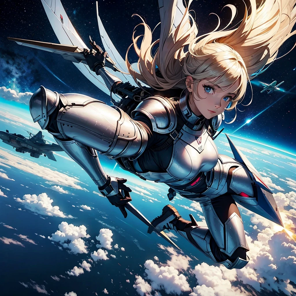 Woman in armor flying in a plane in space