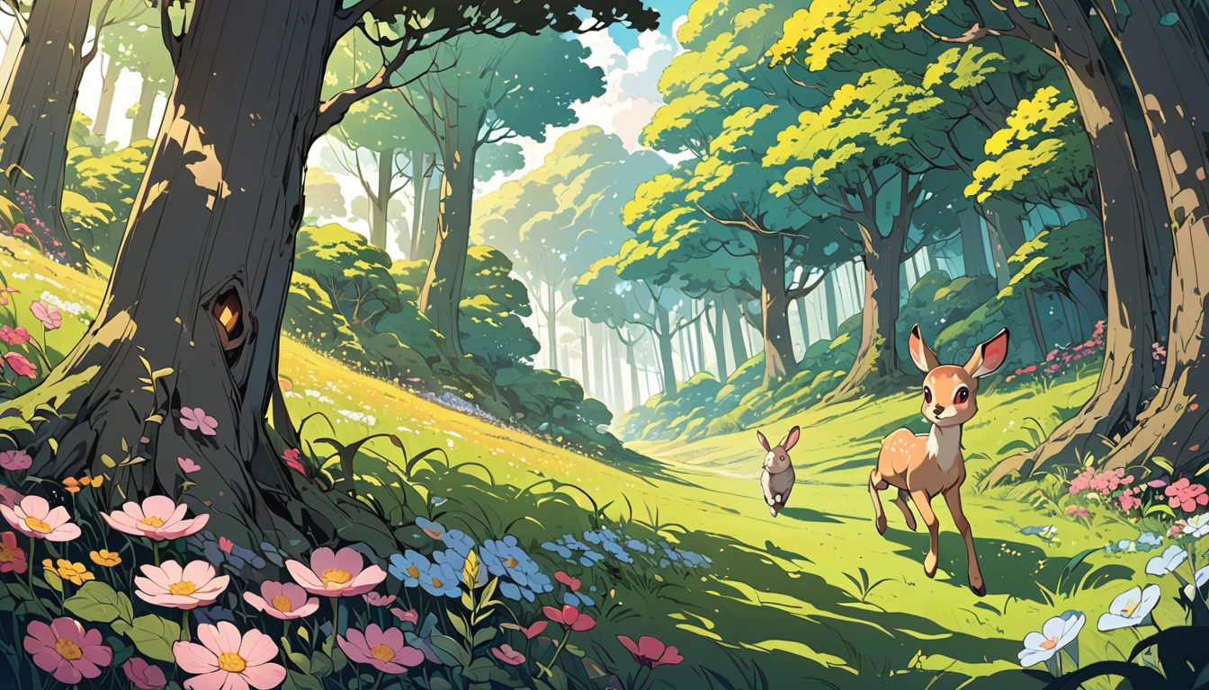 A stunning cartoon anime scene,A forest with a mysterious atmosphere,A cute gray rabbit,A cute fawn,Running on the grass together,The meadows are full of flowers。8k,high quality,Rich details。
