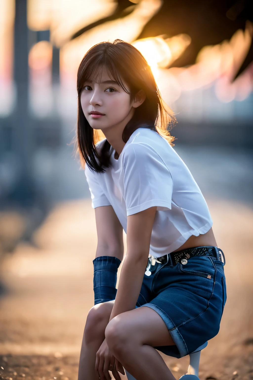 (Hyper Reality: 1.35), (Realistic: 1.4), A beautiful Japanese woman, smile, alone. (((No makeup))), masterpiece, 最high quality, high quality, alone, Very good, Puberty, Only one girl, Well-trained slim body, muscular, slim body, breasts apart, (最high quality)),((Very delicate and beautiful)),((Very shallow depth of field)), ((Incredibly shallow depth of field)). Familiar, ((Very delicate and beautiful)), (((Very shallow depth of field))), (((Unbelievably absurd))), dark brown hair, blowing boyish bob hair, shag messy hair, wolf cut, big hair, Windで揺れる髪, Slim body type, ((( Camera Eye)))), (((small ))), Looks like a salon model, Cool face, Neutral facial features,(ecstasy:1.3) ,(slut:1.2),(vulgarity:1.3),(fucked silly:1.1),(steam:1.1),(Wet:0.8),(trembling:0.8),(tears:0.7) ,(drooling:0.6),(sweat:0.8),open mouth, poor, Dynamic Angle, Focus on women, {Particles of light}, Detailed Background, Soft lighting, (dramatic), sunset, very beautiful sunset, Live Action, Realistic, (blurred background), ((())), (((Wind))), ((Movement)), ((emotion)), ((colorful)), ((Baby Face)), Wither, sea background, (((Cowboy Shot))), (((knees:1.4))), walking, crop top, hot pants, short pants,