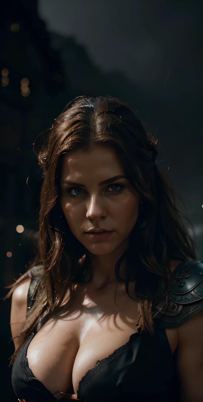 a mature beautiful woman, brown hair blue eyes, pushed breast,, deep cleavage,muscular body, viking outfit, epic badass expression, cinematic lighting, fantasy art, digital art, highly detailed, 8k, photorealistic, hyper realistic, chiaroscuro, dramatic lighting, dramatic pose, dynamic composition, volumetric lighting, cinematic mood, epic fantasy, concept art style,, gloomy foggy, night,