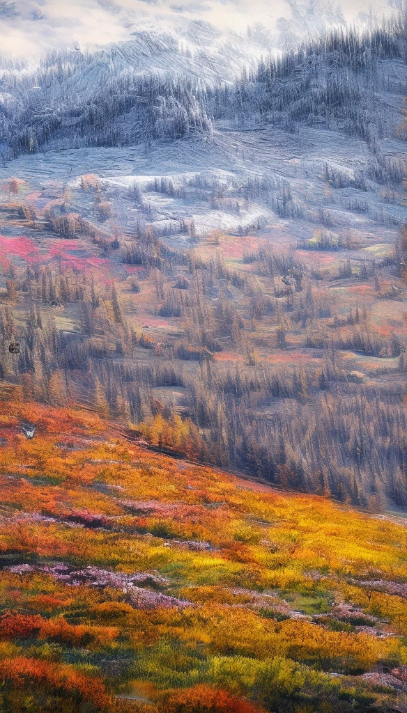 Flower field with butterflies and snowy mountains and a partly cloudy day, beautiful view, overview