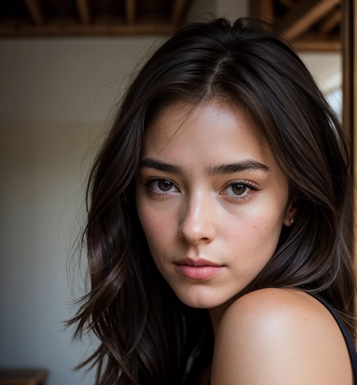 Un superbe portrait en couleur complexe de brunette, femme métisse mongolienne et française, peau claire, cheveux longs, cheveux bruns foncés, yeux marrons, visage sexy, portrait de face, full body, porter décolleté noir, lèvres pulpeuses, composition de personnages épique, Réaliste, POINTU focus, éclairage naturel, diffusion souterraine, f2, 35mm, grain de film, cheveux bruns, POINTU, 8k, HD