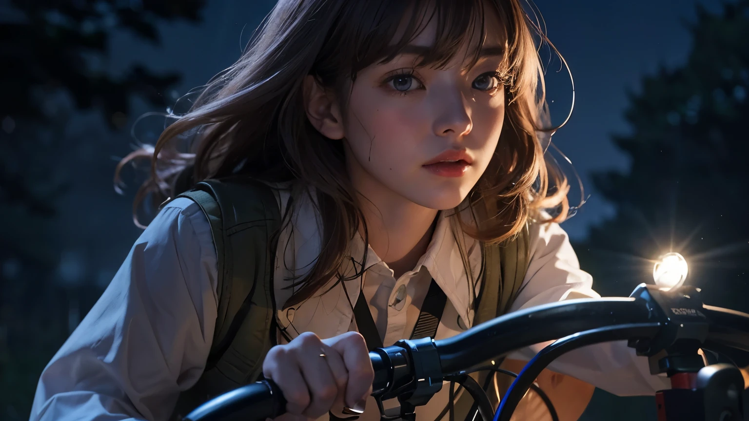 A close-up image of a woman's upper body. The time is night. The bicycle light is on.A beautiful woman. Light brown hair. Sixteen-year-old. She is wearing her high .Riding a bicycle down a dark country road.