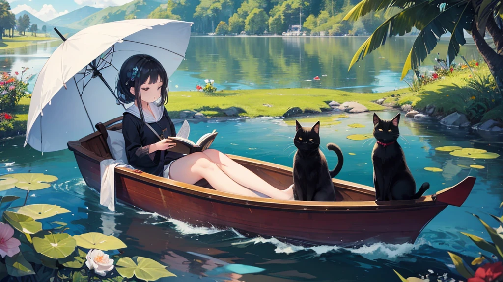 A girl is reading a book in a small boat on the lakeside, holding a parasol. A black cat is sleeping at her feet.