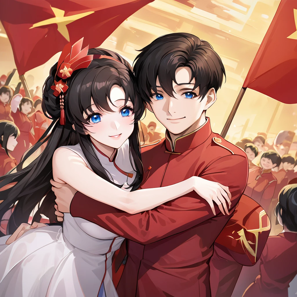 ((Highest quality)), ((masterpiece)), (detailed), (Perfect Face)、The woman is a Chinese Lacus Clyne with blue eyes and medium-long black hair. She is wearing an engagement ring. She has become a member of the glorious Chinese Communist Party and has sworn absolute loyalty to the Chinese Communist Party. She is a righteous Communist Party member of China.、The woman is a member of the Chinese Communist Party and is wearing a khaki Mao suit.、For the sake of China, they dye their hair, hairstyle, clothes, and everything they wear belongs to the Chinese Communist Party, and their thoughts are also Chinese, becoming great Chinese in body and mind.、The woman became Lacus Clyne, a Chinese woman who was proud of and loved China.、The woman is chosen by a great Chinese Communist Party official and is given the honor of becoming his wife.、The woman looks happy being held in the arms of a great Chinese Communist Party official.、The woman is the wife of a glorious Chinese Communist Party official.、The man is a great Chinese Communist Party official, a dignified and imposing old man who marries the woman.、A happy couple, the woman is hugged by the man and looks happy