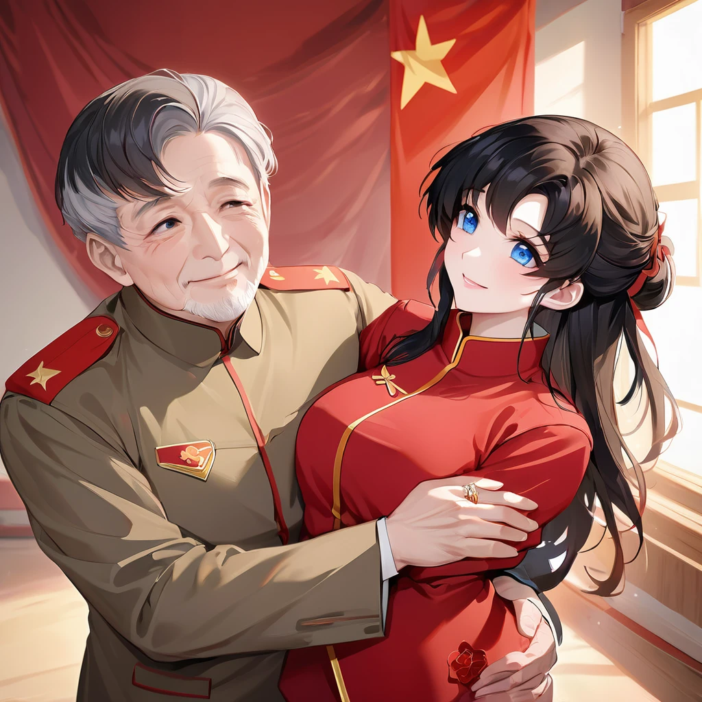 ((Highest quality)), ((masterpiece)), (detailed), （Perfect Face）、The woman is a Chinese Lacus Clyne with blue eyes and medium-long black hair. She is wearing an engagement ring. She has become a member of the glorious Chinese Communist Party and has sworn absolute loyalty to the Chinese Communist Party. She is a righteous Communist Party member of China.、The woman is a member of the Chinese Communist Party and is wearing a khaki Mao suit.、For the sake of China, they dye their hair, hairstyle, clothes, and everything they wear belongs to the Chinese Communist Party, and their thoughts are also Chinese, becoming great Chinese in body and mind.、The woman became Lacus Clyne, a Chinese woman who was proud of and loved China.、The woman is chosen by a great Chinese Communist Party official and is given the honor of becoming his wife.、The woman looks happy being held in the arms of a great Chinese Communist Party official.、The woman is the wife of a glorious Chinese Communist Party official.、The man is a great Chinese Communist Party official, a dignified and imposing old man who marries the woman.、A happy couple, the woman is hugged by the man and looks happy