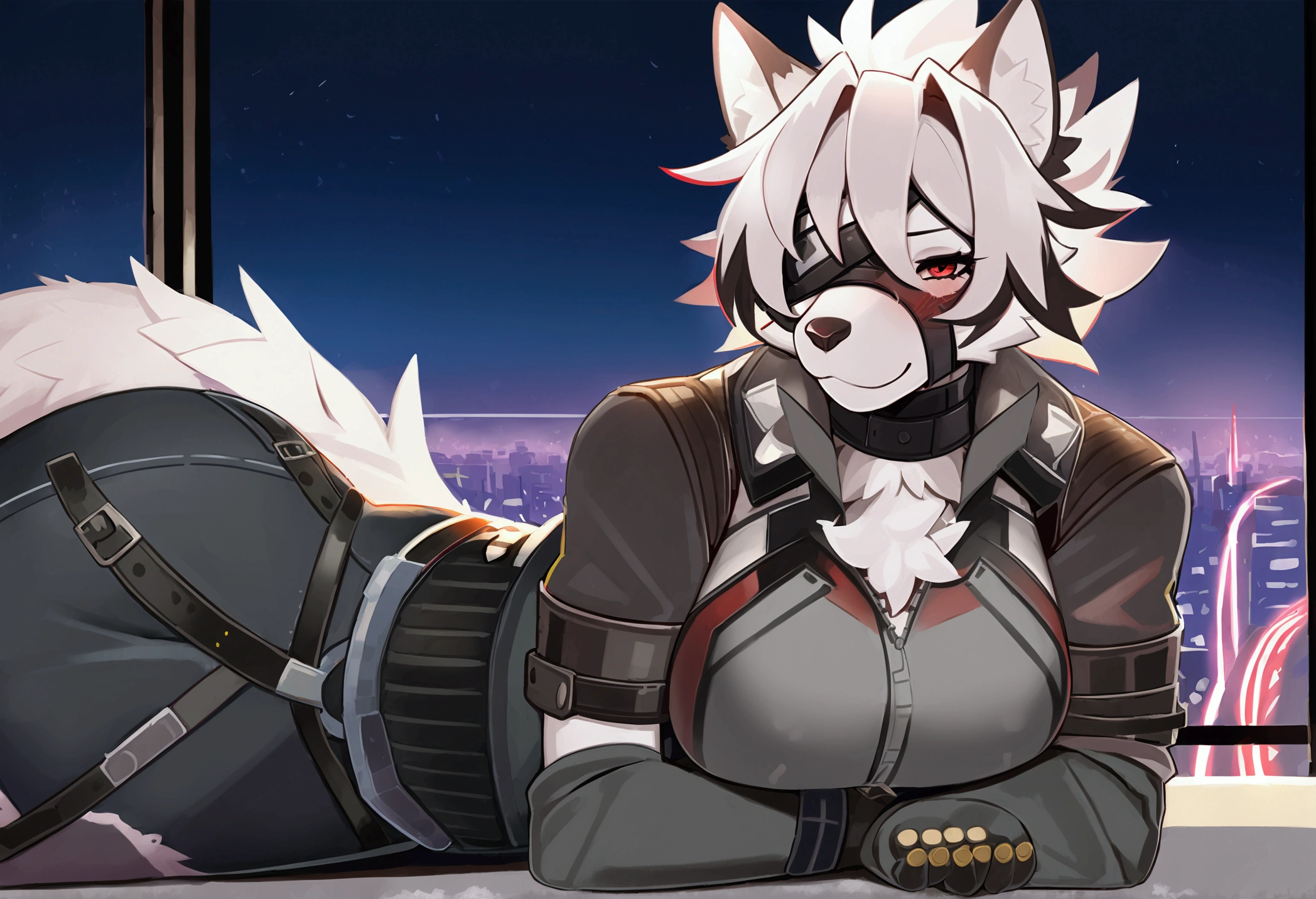 top quality, best quality, by mumu202, High-quality illustrations, masterpiece, uploaded on e621, shading)(kemono, furry, anthro, alone), Zenless Zone Zero, round, 1 female, hot mother figure, very detailed body face and eyes, white wolf, Von Lycaon, (Zenless Zone Zero), white fur, fluffy, big breasts, tail, perfect eyes, red eyes, eye patch, techwear clothes, city night, room with city view, body movement, body twitching, shy smile, red blushing, looking at viewer,