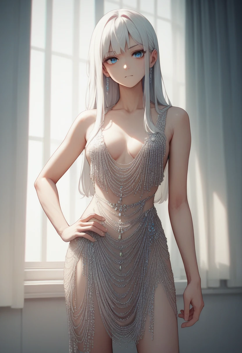 Fraction_9, Fraction_8_up, Fraction_7_Direction_6_up, src_Japanese cartoons, 1 Girl, Long hair, blue eyes, White hair, 
Beaded Dress, Cowboy shooting, hand on own hip,