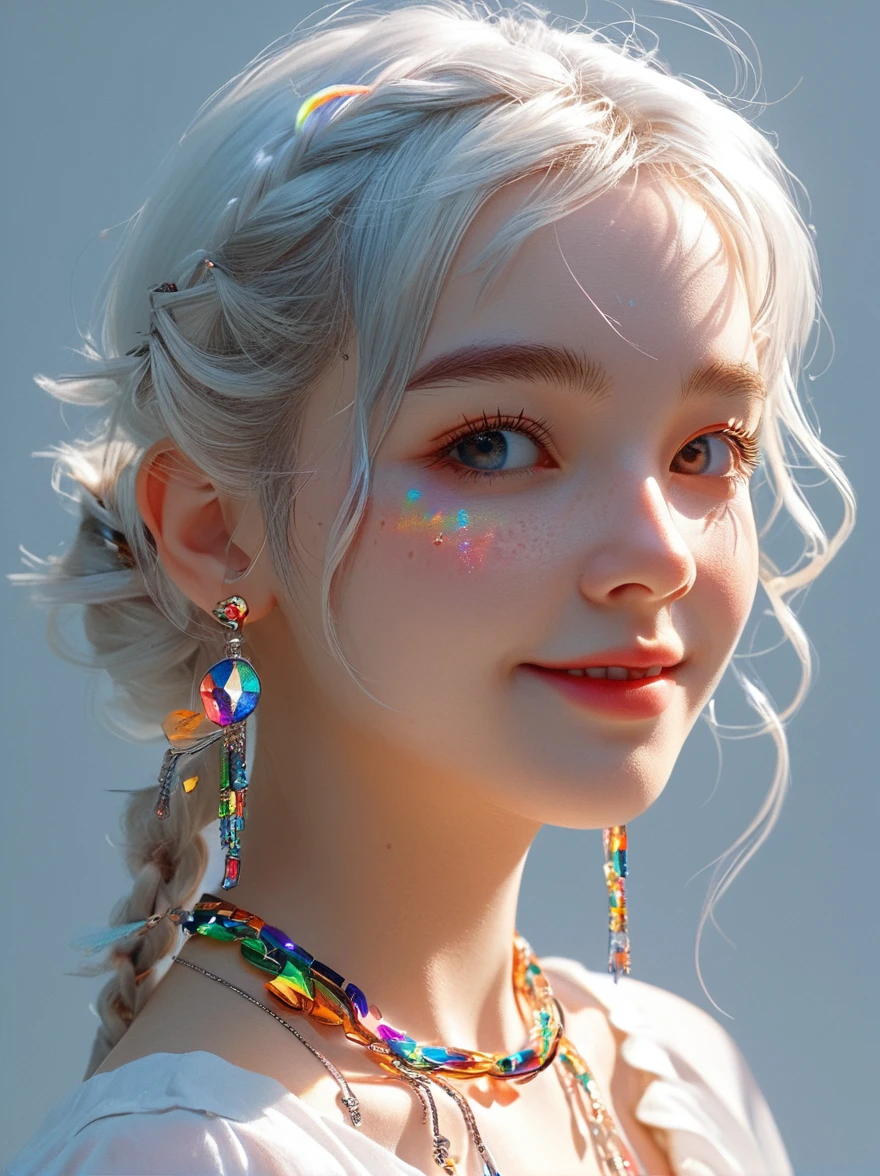 Fraction_9, Fraction_8_Direction_7_up, Practical lighting, photo, photoPractical
1girl, White hair, necklace, (Practical:1.6), photo, (Bangs:1.1), side view, (Detailed face and eyes:1.2), White background, Perfect cute face, Inventor, Turn around and look at the audience, Vibrant colors, Proud smile, Necklace, freckle, Eyeshadow, Braided buns, Round Face