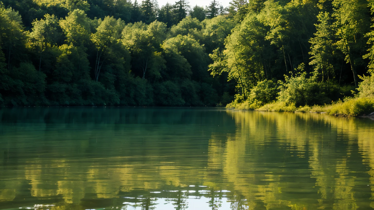 "Serene, shimmering magical lake in a fantasy setting. Crystal-clear water with mysterious glow beneath the surface. Surrounded by ethereal trees and magical flora."