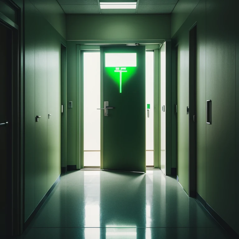 a very dirty hospital door emanating a very strong green light