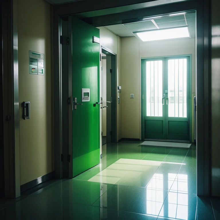 a very dirty hospital door emanating a very strong green light