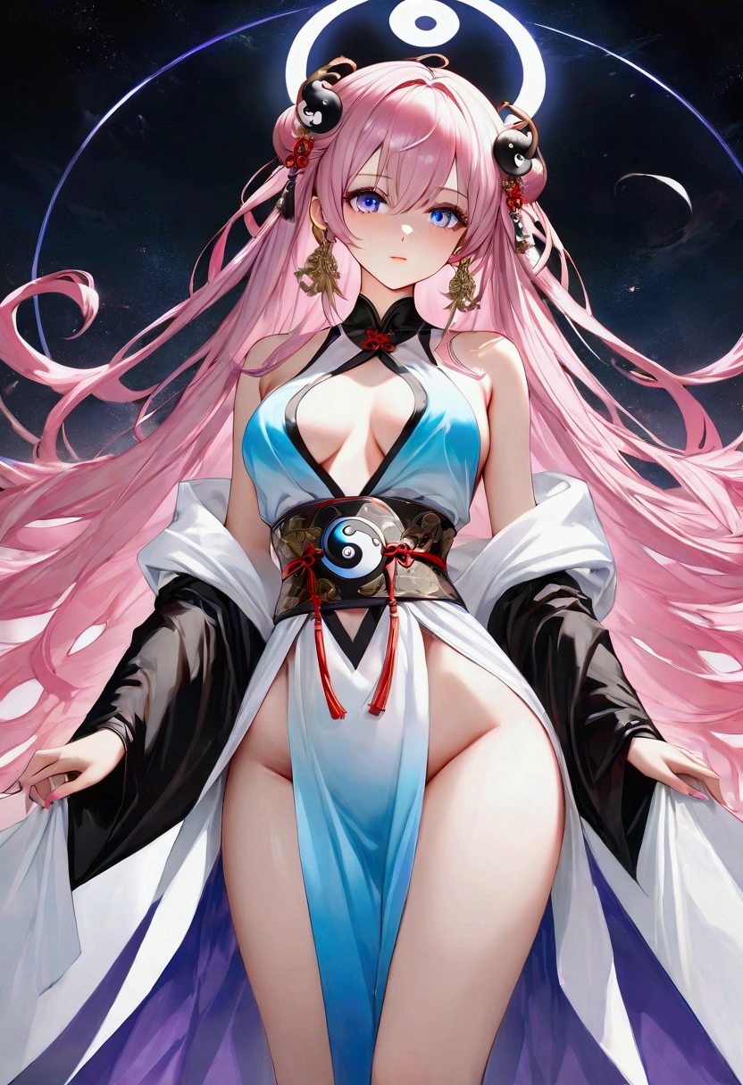 A young woman with long pink hair upto waist, purple and blue gradient eyes with vibrant luminous hues, fair skin tone,ying yang robes, (perfect body), (detailed eyes) (masterpiece), (best quality), (ultra-detailed), (2.5d)