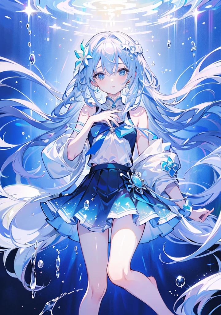 masterpiece，The best quality at its best，One person girl，alone，ice，Blue Skirt，Princess，noble，Indifference，There was a hint of sadness in his eyes，Gorgeous，barefoot，Blue and white gradient hair，iceで覆われた水に浮かぶ