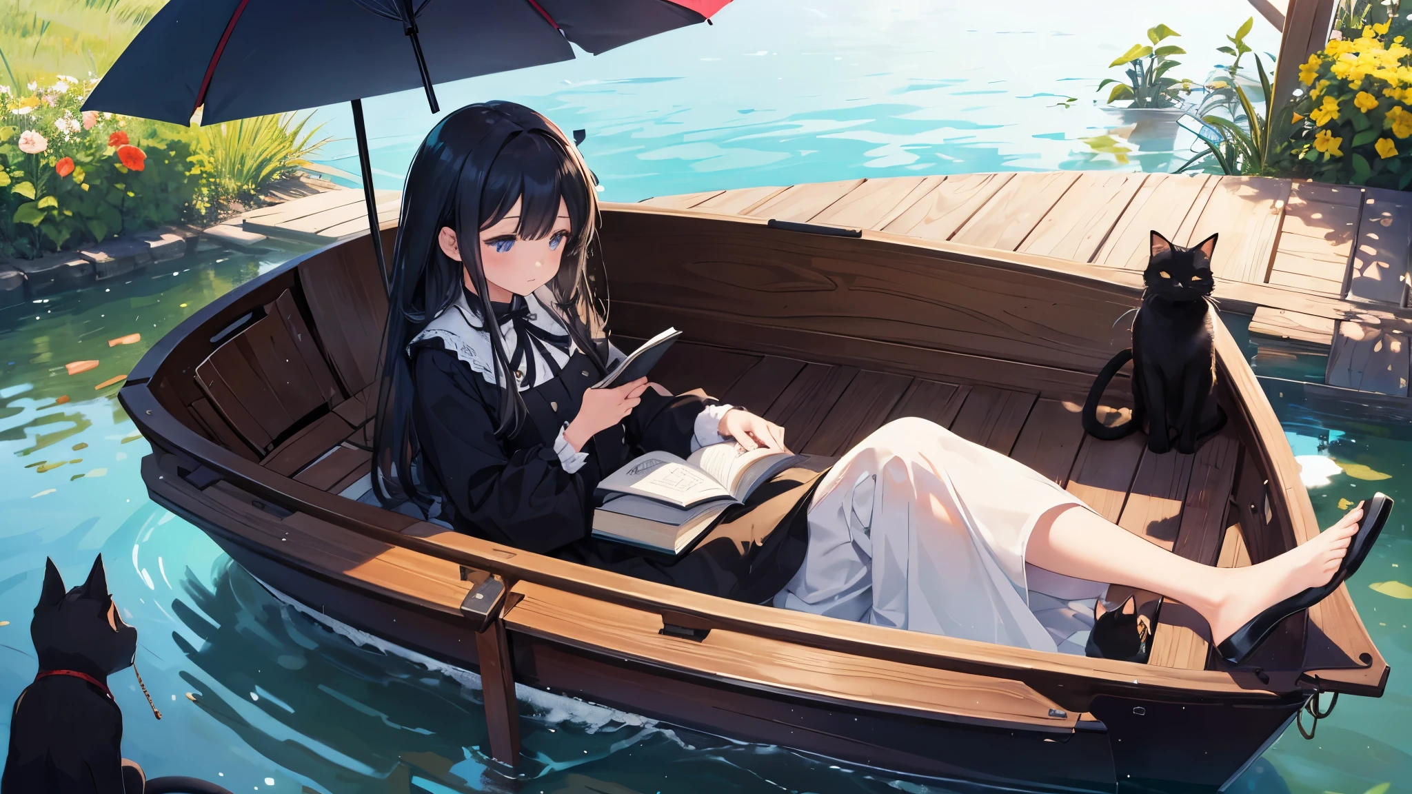 A girl is reading a book in a small boat on the lakeside, holding a parasol. A black cat is sleeping at her feet.
