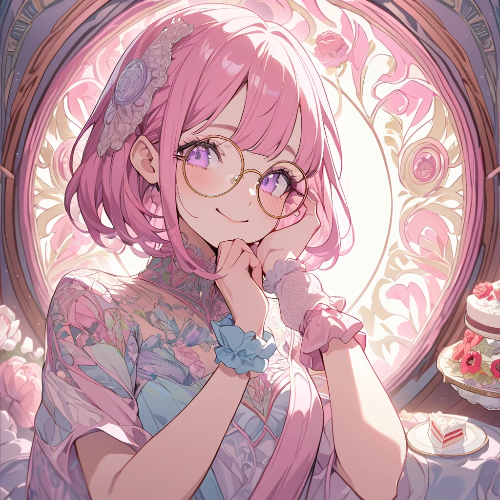 Hiori Light Art, Backlight, Pink Theme, (Art Nouveau:1.2), (Background of Meandros:1.2), pastel colour, One girl, alone, Portraiture, Pink Hair、Round Glasses、Short Bob,誕生日のホールcake, Striped Hair, 彼女は誕生日のホールcakeが乗った皿を持っている, (Long eyelashes:1.2), Light purple eyes, Round Glasses,Long eyelashes, Silk dress, cakeのドレス, blue embroidery, Short sleeve, Birthday mood、Lace gloves, Wrist scrunchies, (Emphasis on high-quality fabrics, embroidery:1.2 ), close, (;q:1.1), Open both eyes,Conceit,Scheming expression, Put your hand on your cheek, head_Tilt, (Emphasis on high-quality fabrics, embroidery:1.2), bloom, Shine, Perfect lighting, masterpiece, Highest quality, Incredibly absurd, Super detailed, reflection, cake, Poppy, peony