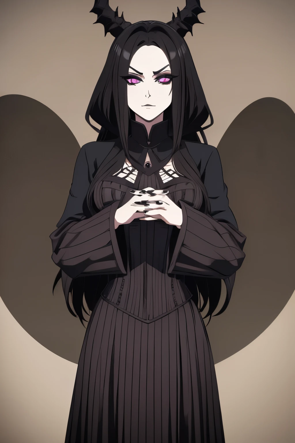 " a powerful busted goth witch woman standing in a malevolent pose.." , looking at viewer, beautiful hands, beautiful eyes, Solo, Long Hair, Black hair Painted nails