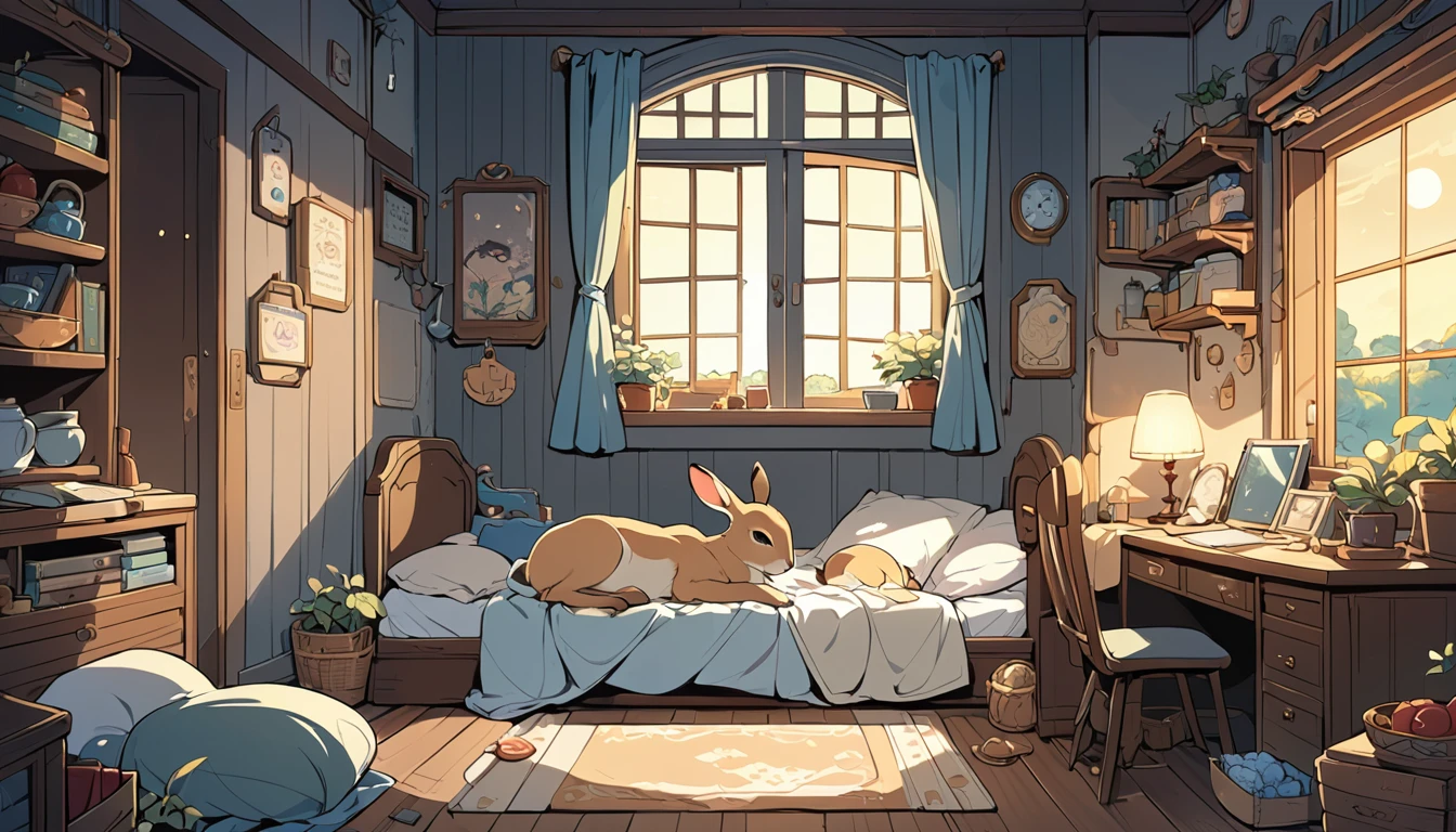 A stunning cartoon anime scene，A room with a cozy atmosphere，A cute gray rabbit，A cute fawn，Sleeping together，The moonlight shines in from the window。8k，high quality，Rich details。