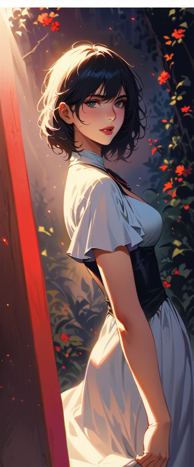 Indiasug nr, (Sharp focus: 1.5), (Sharp focus:1.2), photograph, Attractive Young Woman, (Beautiful Face:1.1), Detailed eyes, Seductive lips, (Bold red lip color:0.85), (Medium chest:1.0), (The body is slim:1.2), wear (1980s Peplum Dress:1.2) in (botanical garden:1.2). (Moody lighting:1.2), Depth of written boundary, Bokeh, 4K, High resolution. by (James C. Christensen:1.2|Jeremy Lipking:1.1).