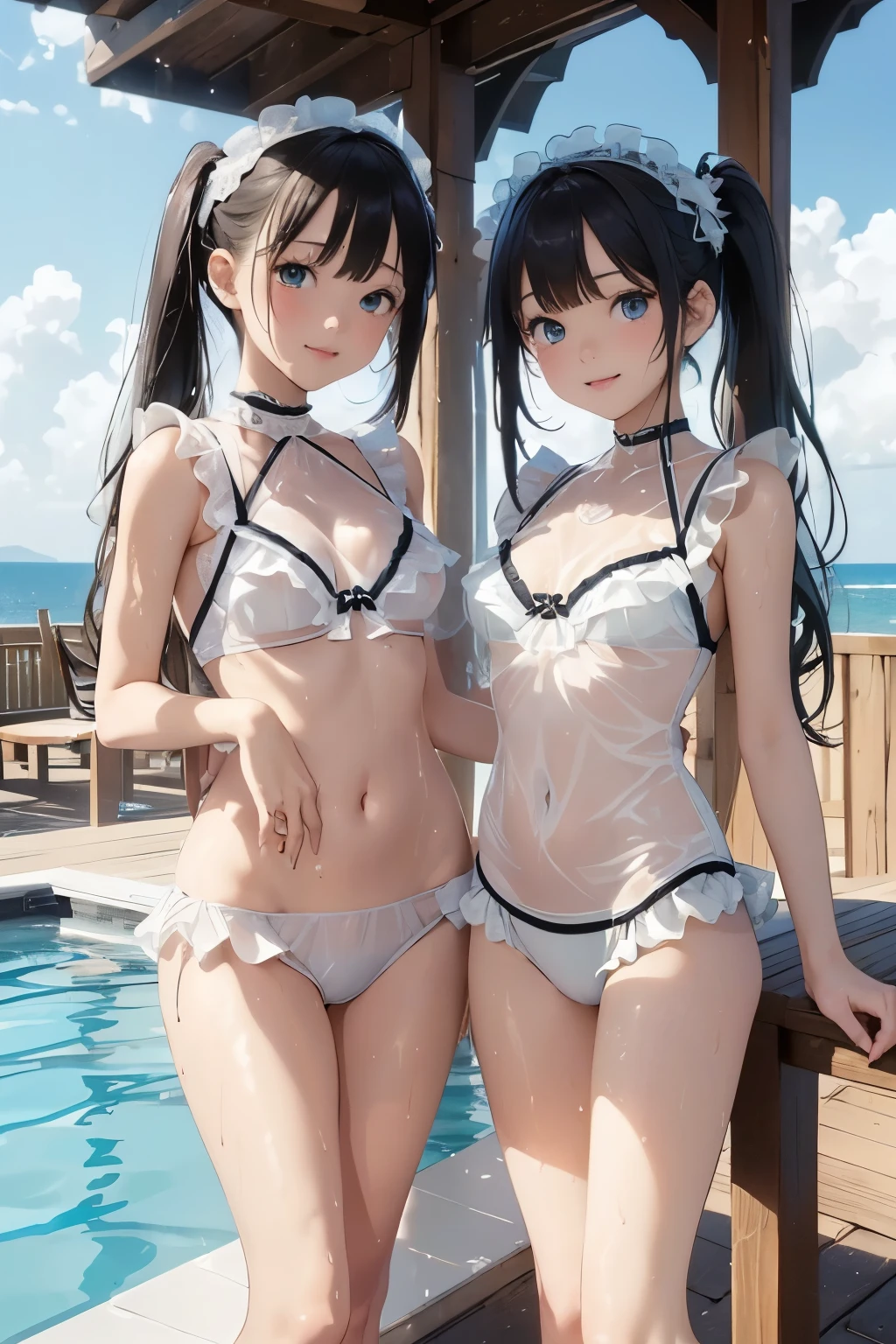 ((masterpiece)), ((highest quality、Ultra high definition)), (Very detailed),8k、Photo quality、((Amazingly cute girl)),)), Two people, , (Beautiful emerald blue eyes), ((smile)),In the open-air bath overlooking the sea, Beautifully arranged black hair in twin tails、Slim Body、(((A very cute see-through white bikini swimsuit with lots of lace and frills.)))、Professional Lighting、(White lace knee-highore detailed and beautiful)、(More details and cutenesore realistic)、((Just wear light clothing))、Frolic in the pool、(Too cute)、(The embodiment of cuteness)、(Cute girl with glasses)、(((The swimsuit is wet and transparent)))、