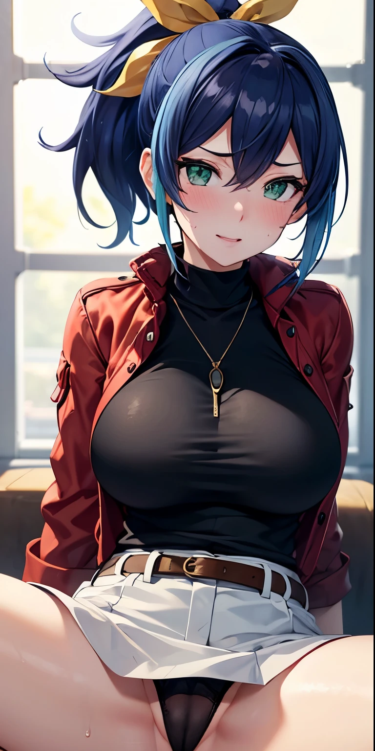 1 Female,High definition,high resolution,Ultra-realistic,8K, aaserena, yellow ponytail, ((multicolored hair)), red jacket, black shirt, belt, white skirt, tight skirt, miniskirt ,jewelry,European,sexy,Upper body close-up,Photographed from the front,Dynamic Angles,blush, big tits , happy, wink the eye,facial, sweat,multicolored hair ,(wide thighs:1.4),(black panties),(show panties),(spread legs),(cameltoe)