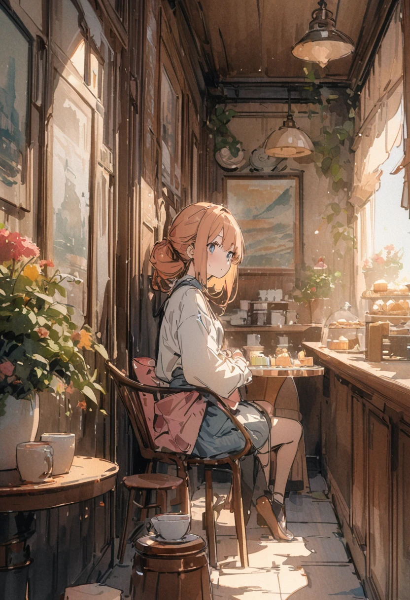 masterpiece,最high quality,Very detailed,High resolution backgrounds,8k,there is nothing,high quality,break,japanese manga style, sketch, Watercolor Colors,Cafe with a nice atmosphere,antique interior,Stylish interior,girl,slowly,relax,sweets,