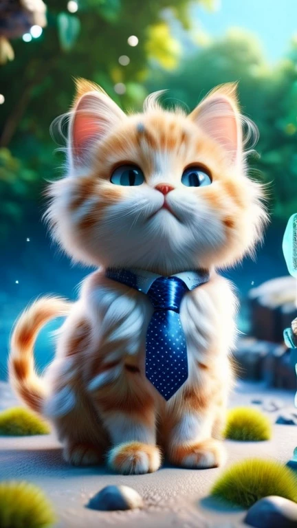 Beautiful,ral-fluff,chibi,masterpiece,Best quality,original,official art,1 cat,polka dot tie,flowers,blurred background,cartoon rendering,beautiful detailed glow,(detailed ice),beautiful detailed water,and I want Disney Pixar style on a white background, drawn by 3DAnimationStyle,