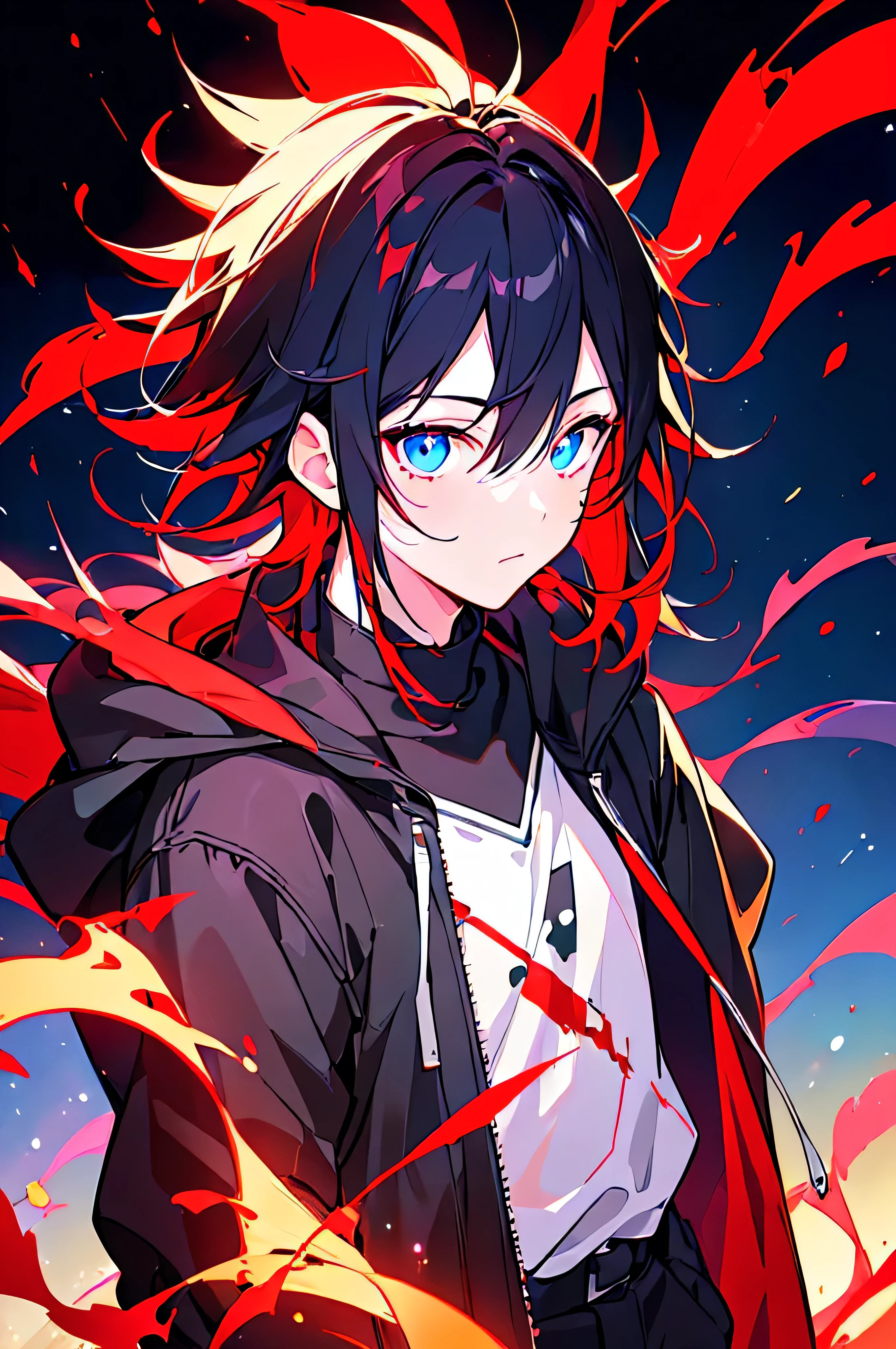 [(BLACK BACKGROUND:1.5),::5], ((((masterpiece)))), high quality, ultra very high resolution, full color, (((solo))), ((little boy)), black hair, ((red streaked hair)), blue eyes, anime, ((upper body)), neon light, black parka, (flame effect:1.2), blood effect