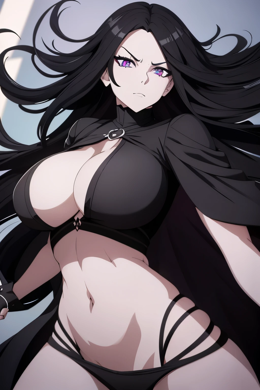 **" a powerful busted goth knight woman standing in a dynamic pose.."** Large breasts, looking at viewer, fighting, beautiful hands, beautiful eyes, Solo, Long Hair, Black hair Painted nails