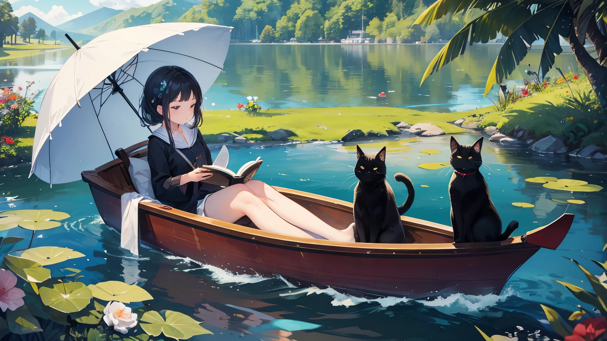 A girl is reading a book in a small boat on the lakeside, holding a parasol. A black cat is sleeping at her feet.
