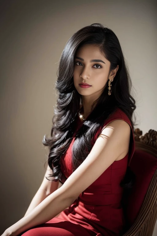 Portrait of A confident-looking indian  woman with long flowing hair, hazel eyes, with flowing capes, perfect composition, sitting on chair, hard fucking