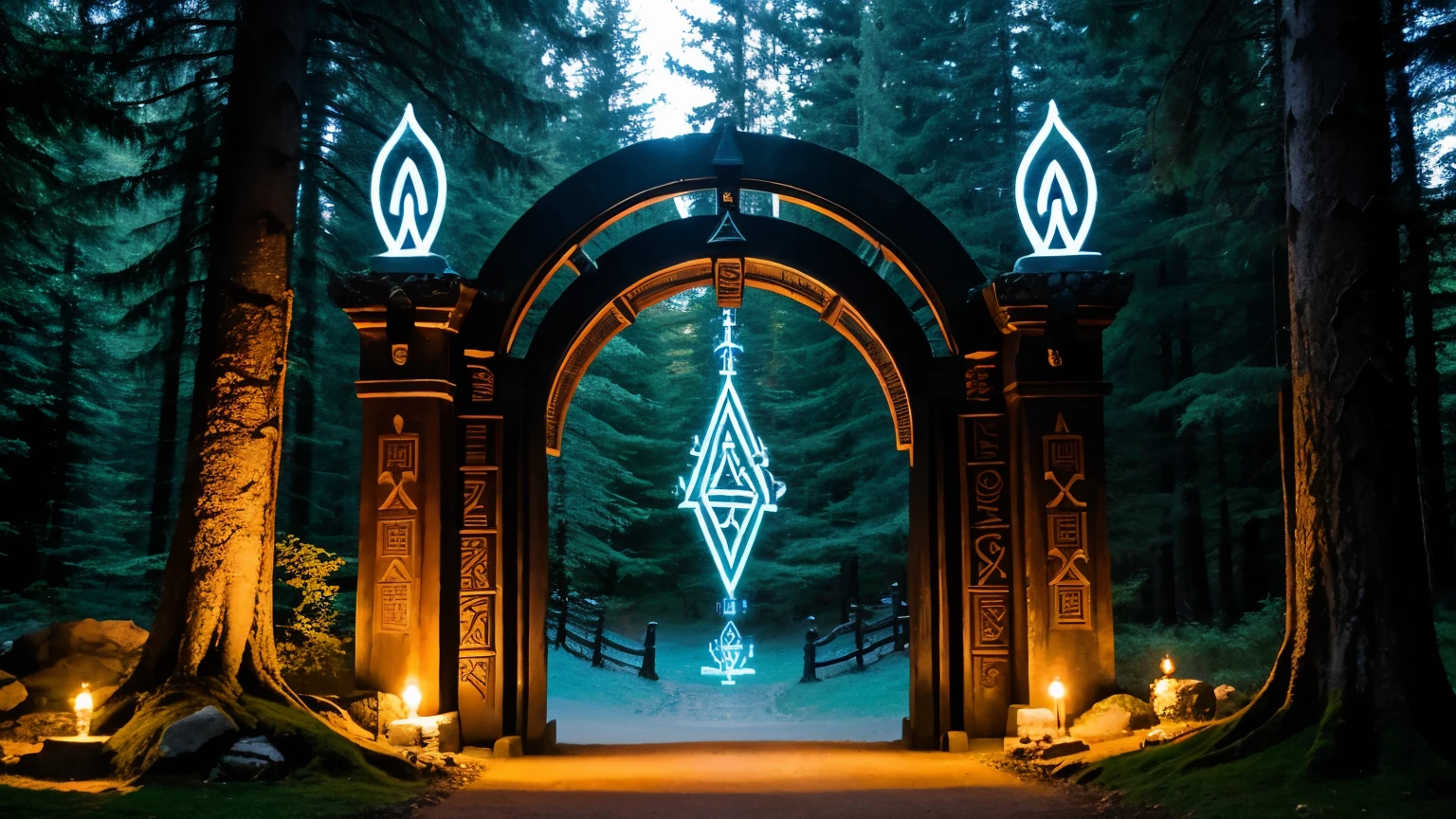 "Imposing magical gate with intricate rune patterns. Glowing symbols and swirling energy. Set in a mystical forest or mountain pass. Emanating an aura of challenge and mystery."