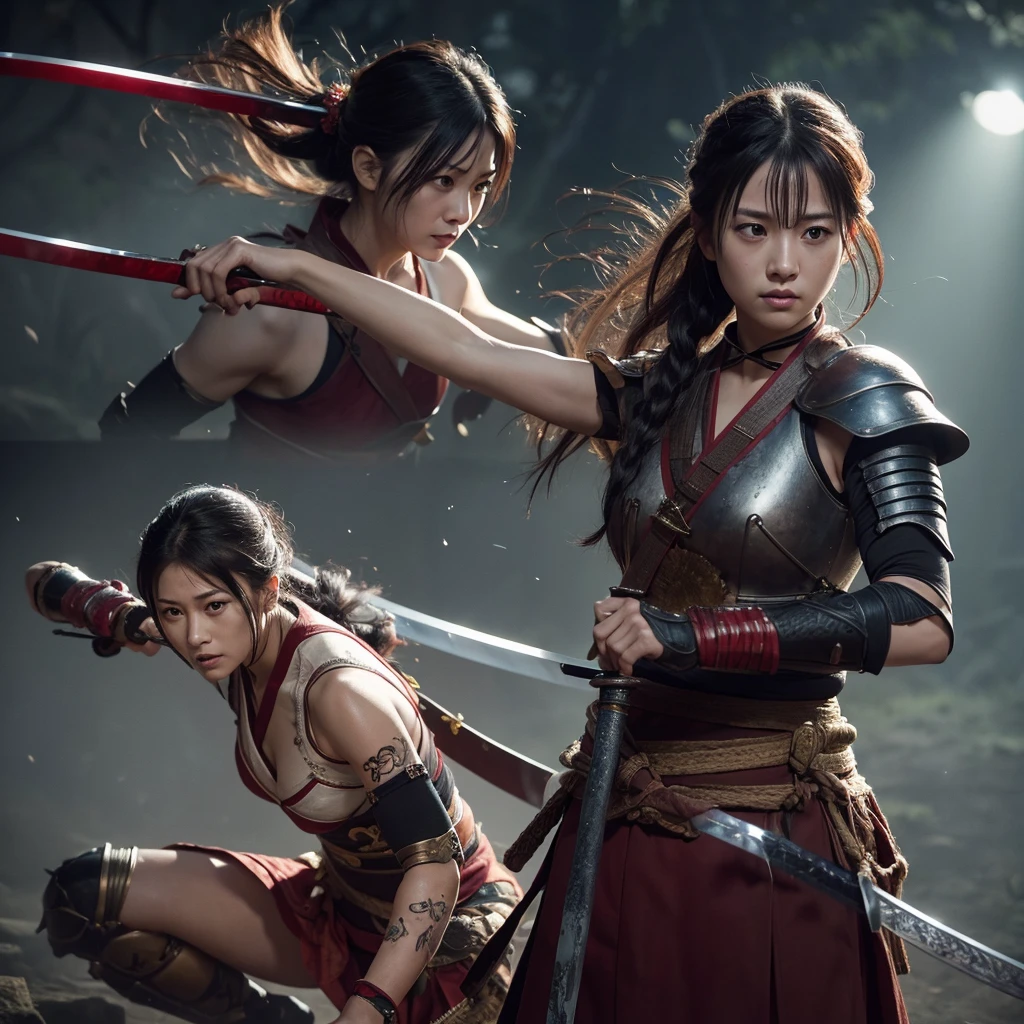 (Japanese sword &reference;Muramasa 2&reference;.0)Beautiful 27 year old woman、Tie your hair back、Hair ornament artist、Warrior、Clear Eyes、Arm tattoo、Warrior、(Japanese swordを両手で構える、1.2)(Japanese sword)Middle posture、whole body、On one knee、One sword and two cuts realistic fighting scene、敵Warriorの返りBlood、Blood、High resolution、Highest quality、Very detailed、8k、background、
